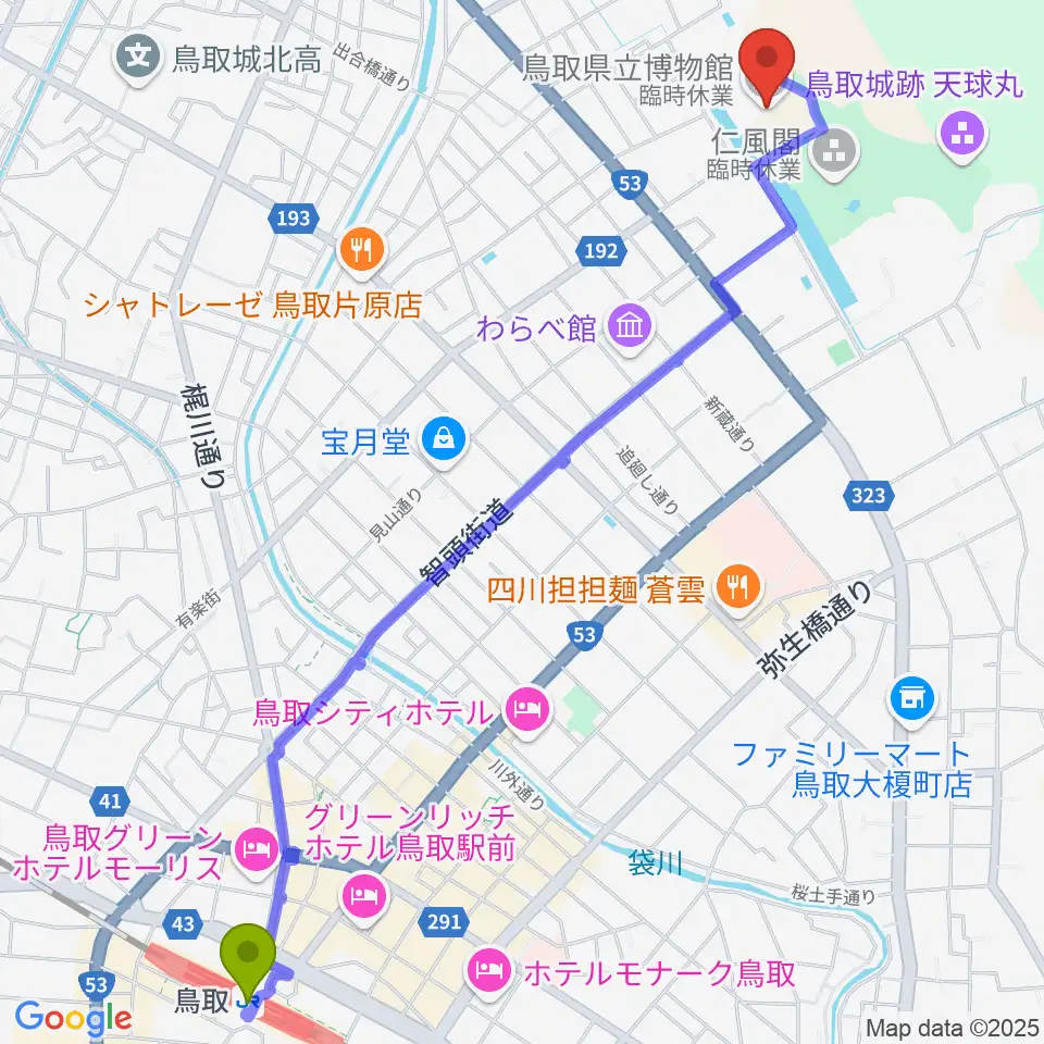 鳥取県立博物館の最寄駅鳥取駅からの徒歩ルート（約31分）地図