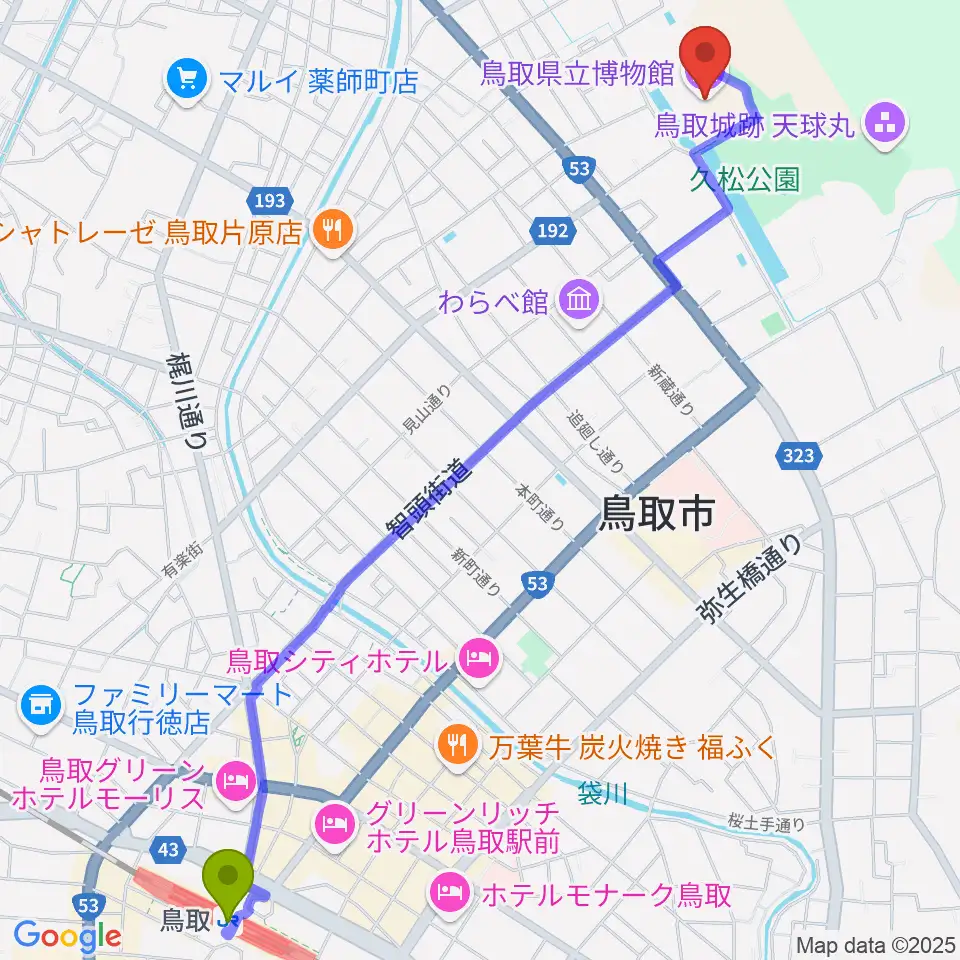 鳥取県立博物館の最寄駅鳥取駅からの徒歩ルート（約31分）地図
