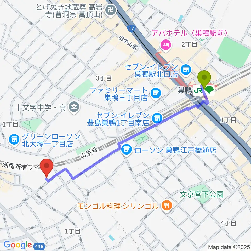 巣鴨駅からマザーハウス レコーディングスタジオへのルートマップ地図