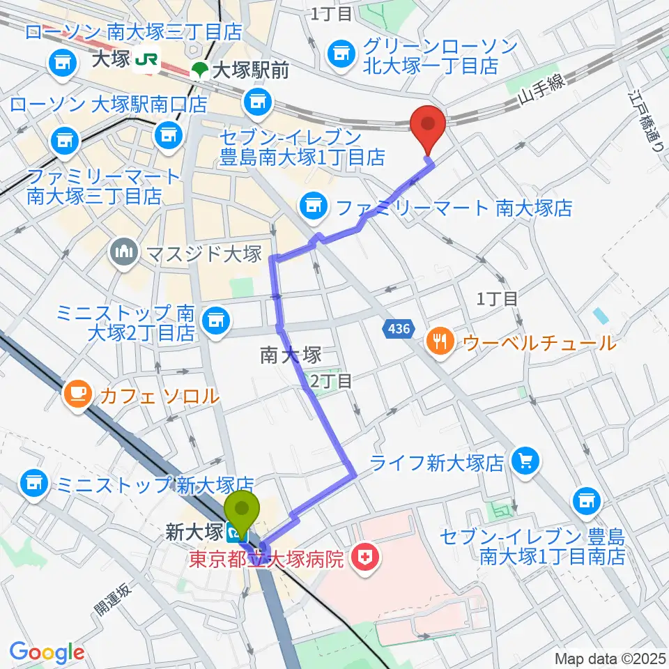 新大塚駅からマザーハウス レコーディングスタジオへのルートマップ地図