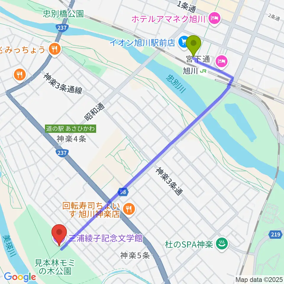 旭川駅から三浦綾子記念文学館へのルートマップ地図