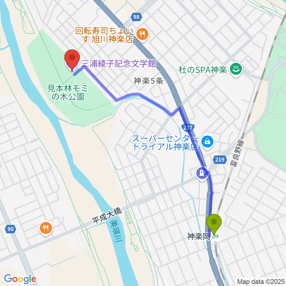 三浦綾子記念文学館の最寄駅神楽岡駅からの徒歩ルート（約21分）地図