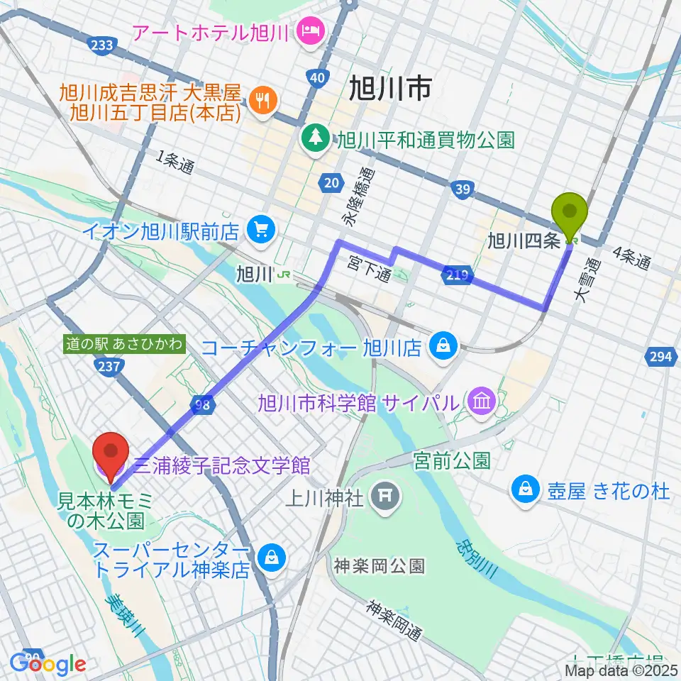 旭川四条駅から三浦綾子記念文学館へのルートマップ地図