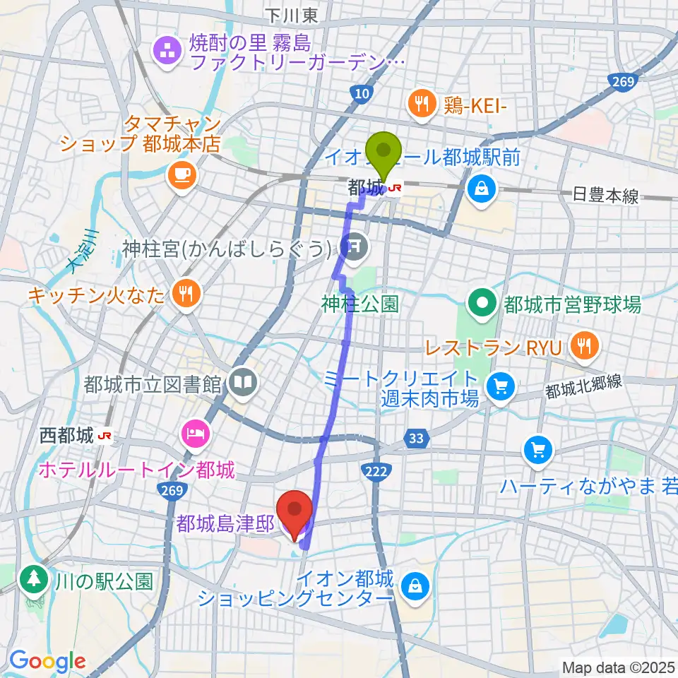 都城駅から都城島津邸へのルートマップ地図
