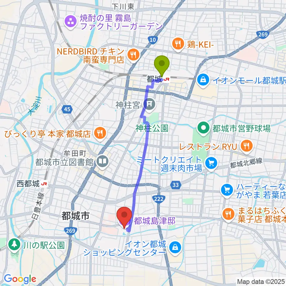 都城駅から都城島津邸へのルートマップ地図