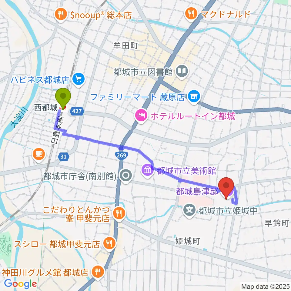 都城島津邸の最寄駅西都城駅からの徒歩ルート（約21分）地図