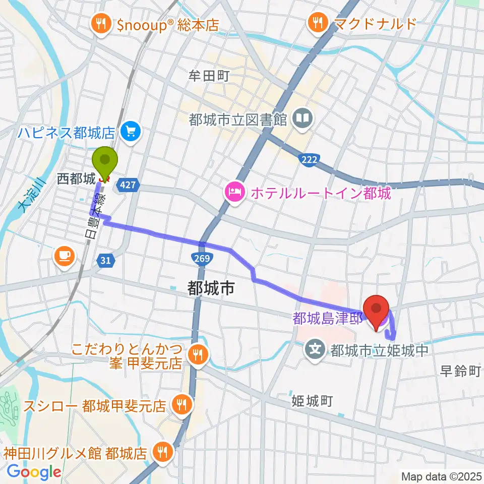都城島津邸の最寄駅西都城駅からの徒歩ルート（約21分）地図
