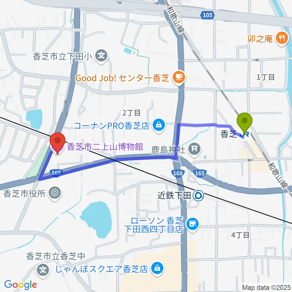 香芝駅から香芝市二上山博物館へのルートマップ地図