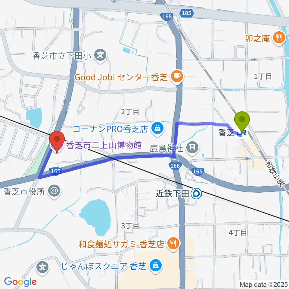香芝駅から香芝市二上山博物館へのルートマップ地図