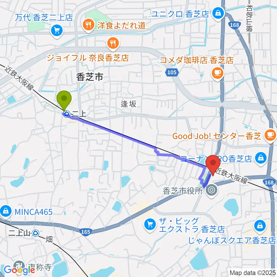 二上駅から香芝市二上山博物館へのルートマップ地図