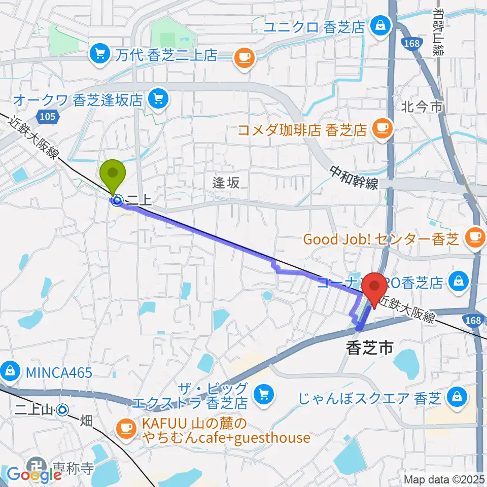 二上駅から香芝市二上山博物館へのルートマップ地図