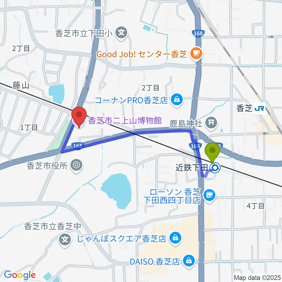 香芝市二上山博物館の最寄駅近鉄下田駅からの徒歩ルート（約8分）地図