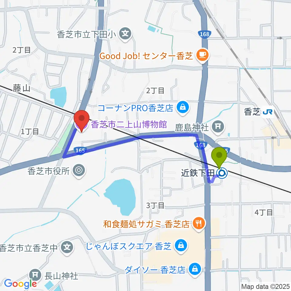 香芝市二上山博物館の最寄駅近鉄下田駅からの徒歩ルート（約8分）地図