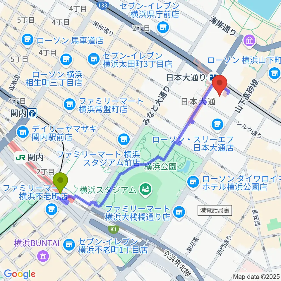 関内駅から日本新聞博物館へのルートマップ地図