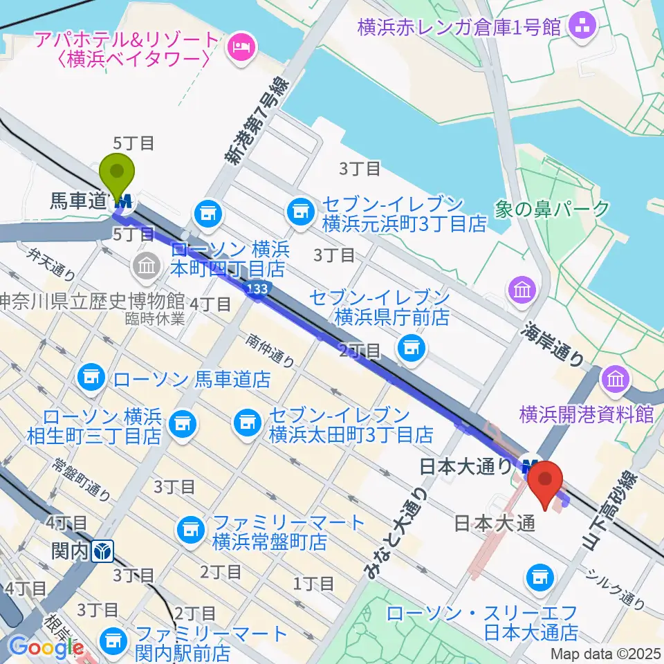 馬車道駅から日本新聞博物館へのルートマップ地図