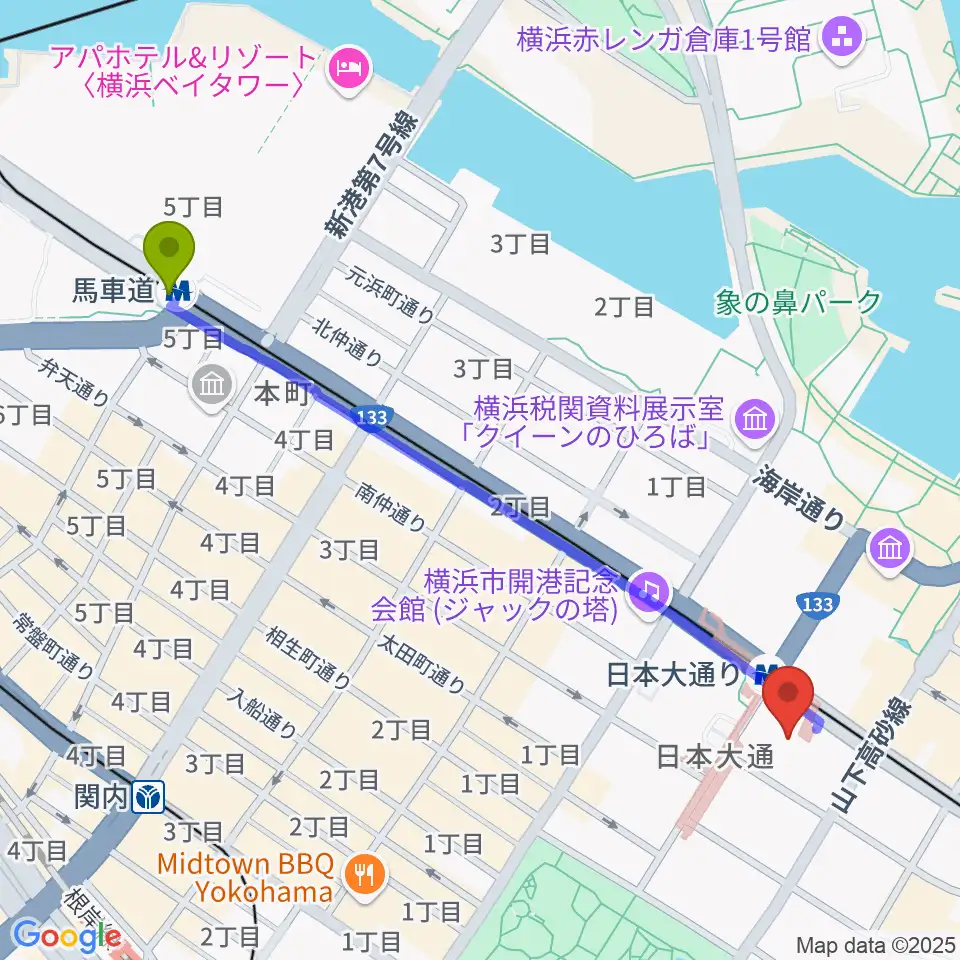 馬車道駅から日本新聞博物館へのルートマップ地図