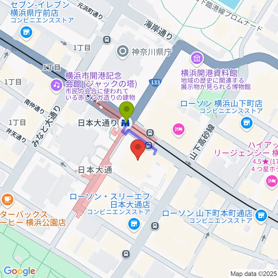 日本新聞博物館の最寄駅日本大通り駅からの徒歩ルート（約1分）地図
