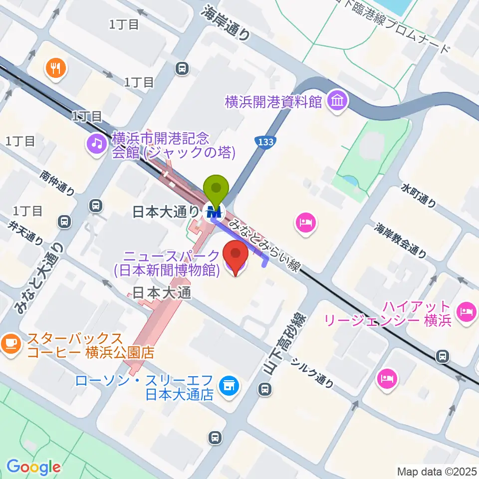 日本新聞博物館の最寄駅日本大通り駅からの徒歩ルート（約1分）地図