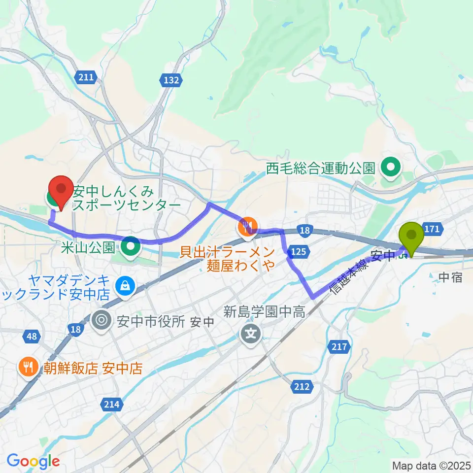安中しんくみスポーツセンターの最寄駅安中駅からの徒歩ルート（約46分）地図