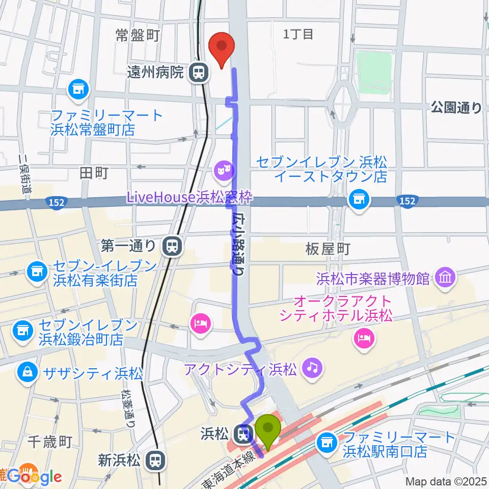 浜松駅から浜松文芸館へのルートマップ地図