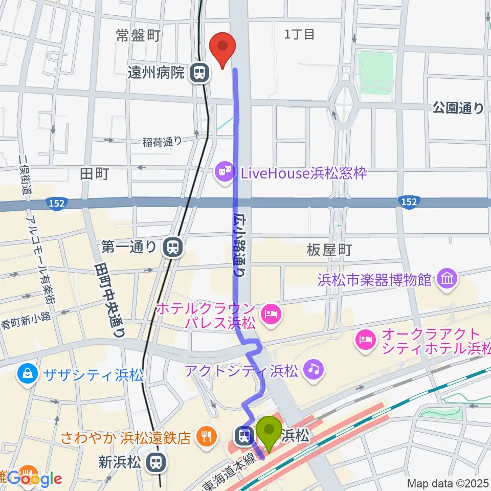浜松駅から浜松文芸館へのルートマップ地図