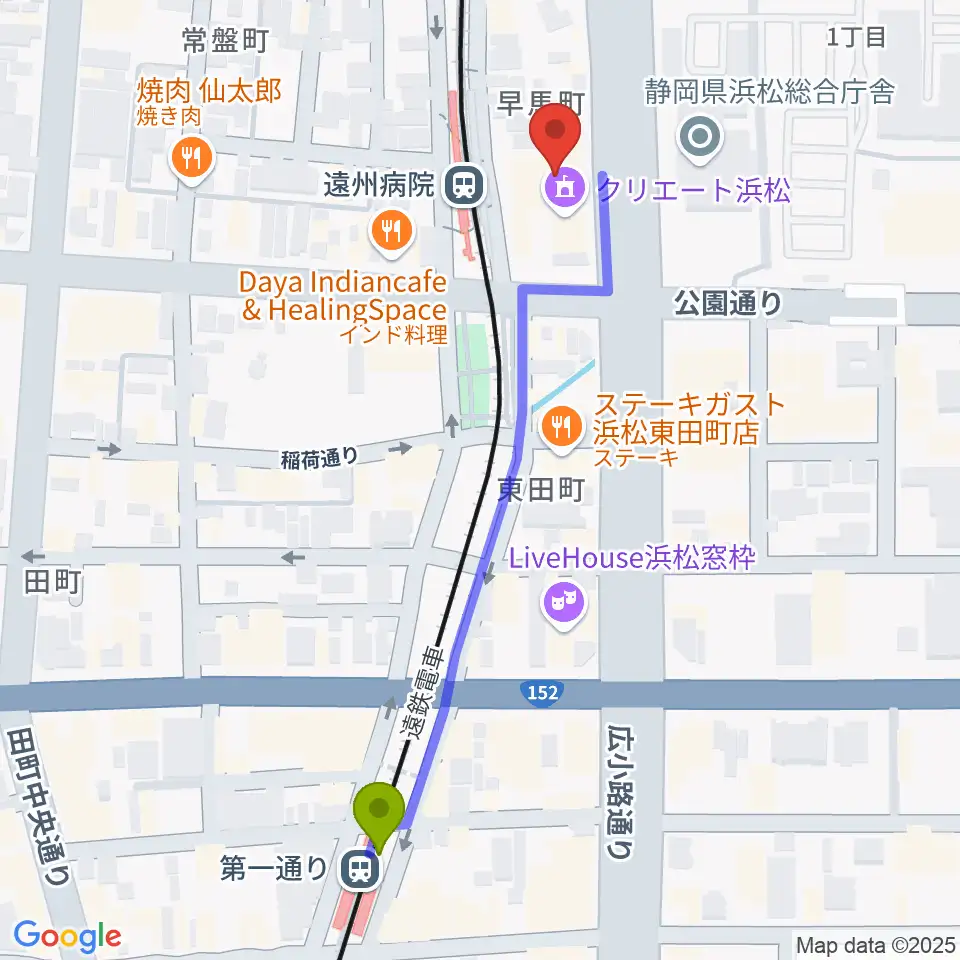 第一通り駅から浜松文芸館へのルートマップ地図