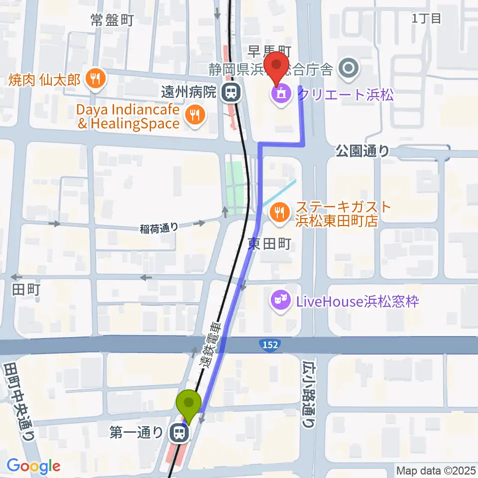 第一通り駅から浜松文芸館へのルートマップ地図