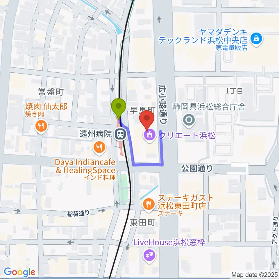 浜松文芸館の最寄駅遠州病院駅からの徒歩ルート（約1分）地図