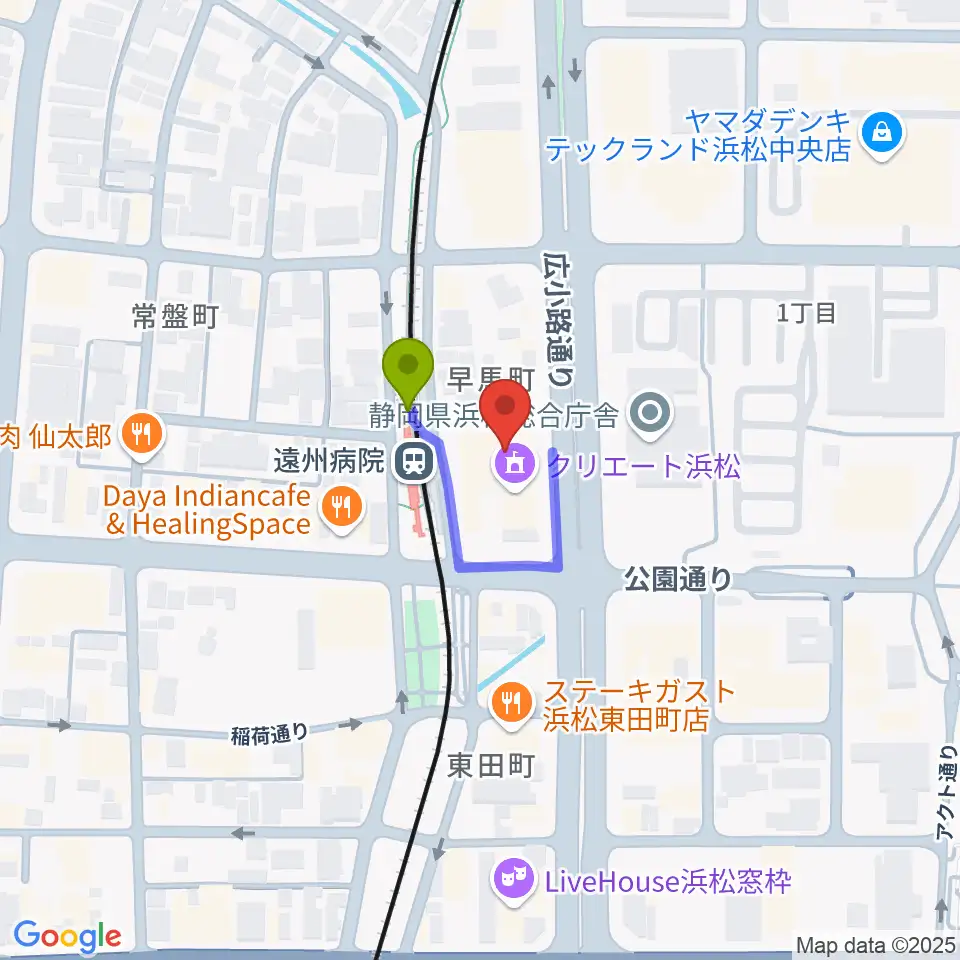 浜松文芸館の最寄駅遠州病院駅からの徒歩ルート（約1分）地図