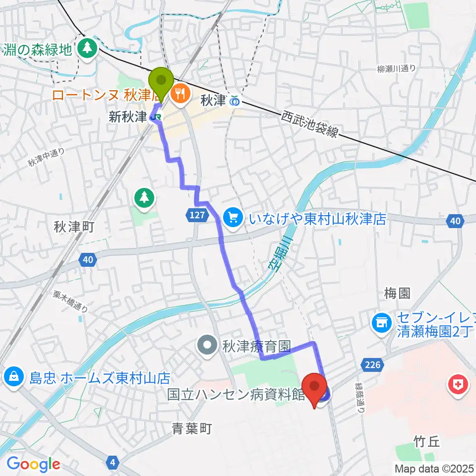 新秋津駅から国立ハンセン病資料館へのルートマップ地図