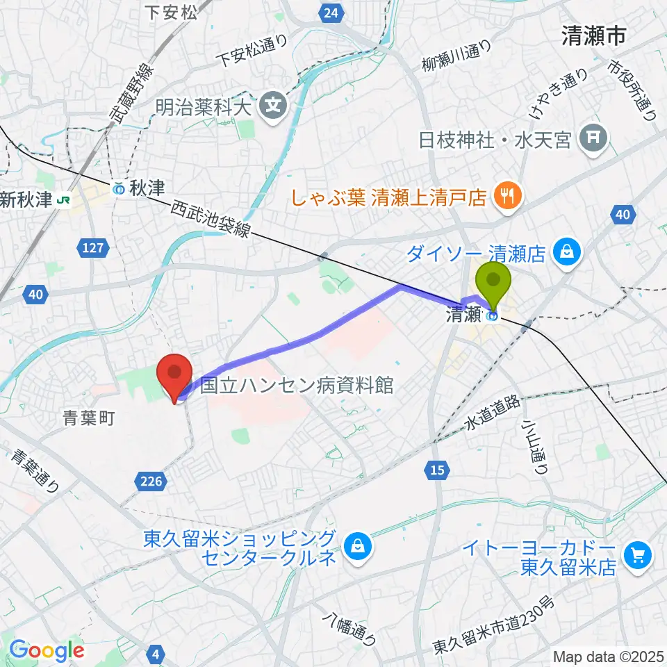 清瀬駅から国立ハンセン病資料館へのルートマップ地図
