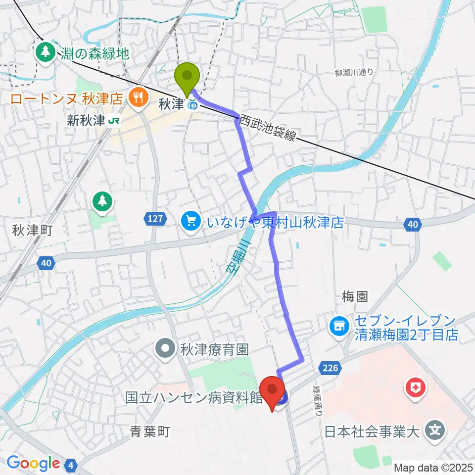 国立ハンセン病資料館の最寄駅秋津駅からの徒歩ルート（約21分）地図