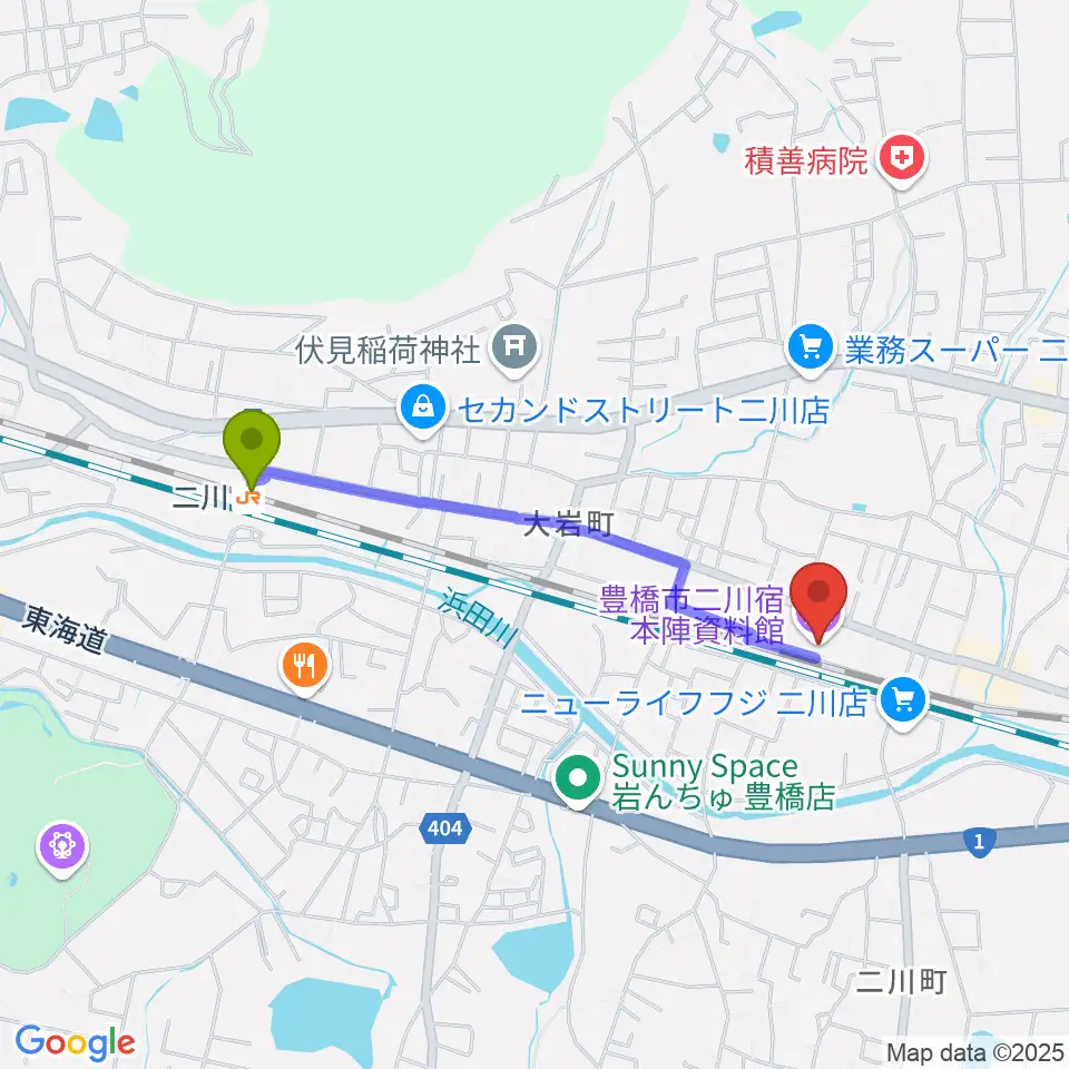 豊橋市二川宿本陣資料館の最寄駅二川駅からの徒歩ルート（約17分）地図
