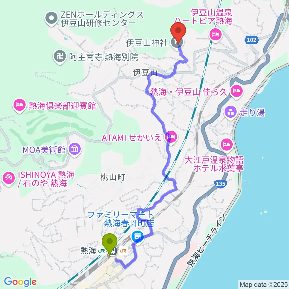 熱海市立伊豆山郷土資料館の最寄駅熱海駅からの徒歩ルート（約24分）地図