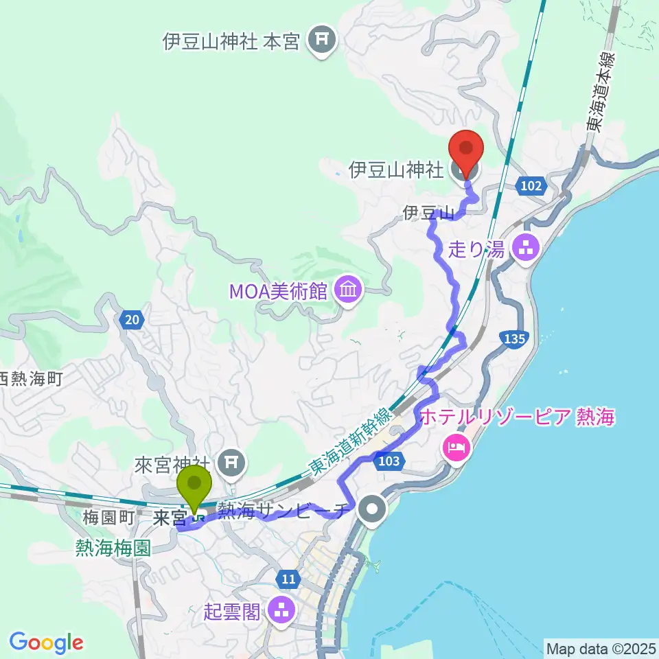 来宮駅から熱海市立伊豆山郷土資料館へのルートマップ地図