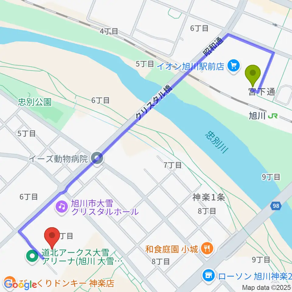 旭川市博物館の最寄駅旭川駅からの徒歩ルート（約12分）地図