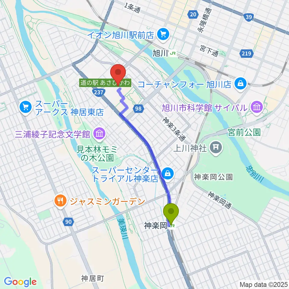 神楽岡駅から旭川市博物館へのルートマップ地図