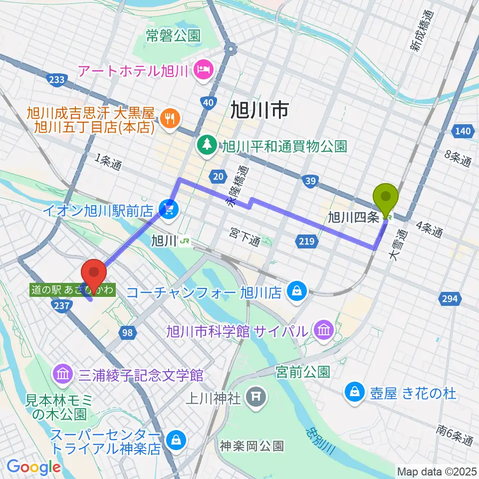 旭川四条駅から旭川市博物館へのルートマップ地図