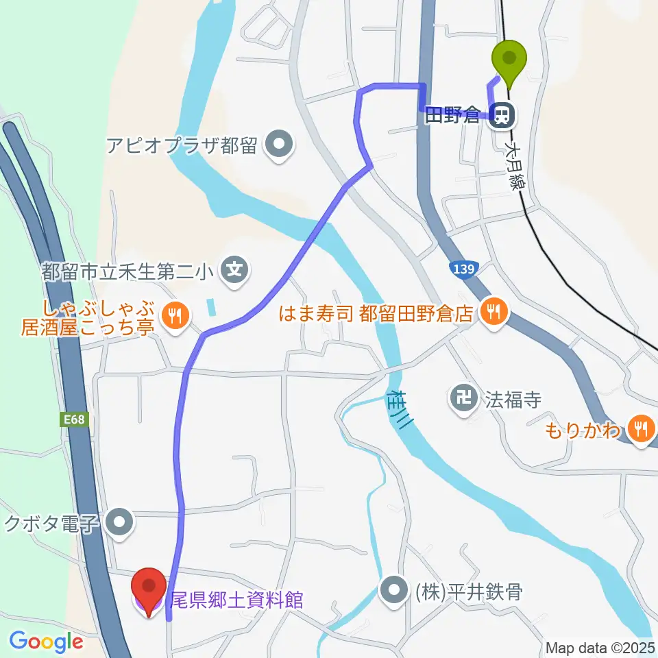 尾県郷土資料館の最寄駅田野倉駅からの徒歩ルート（約15分）地図