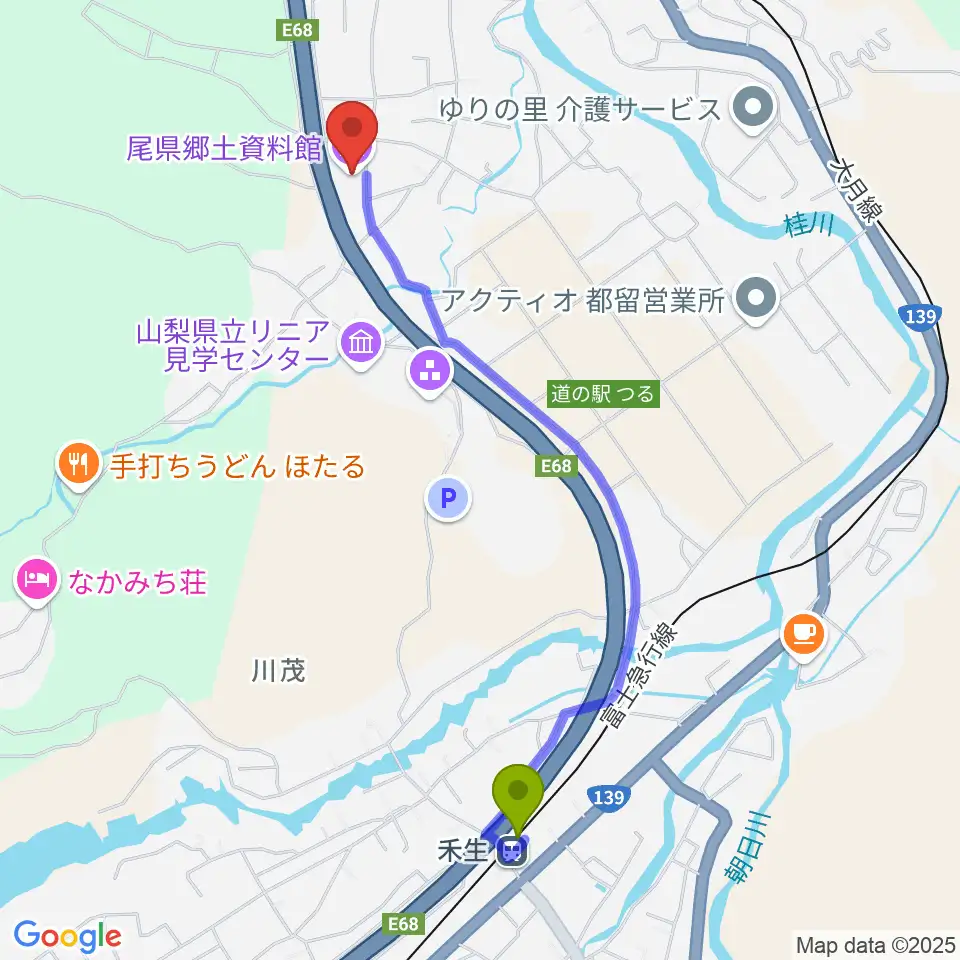禾生駅から尾県郷土資料館へのルートマップ地図
