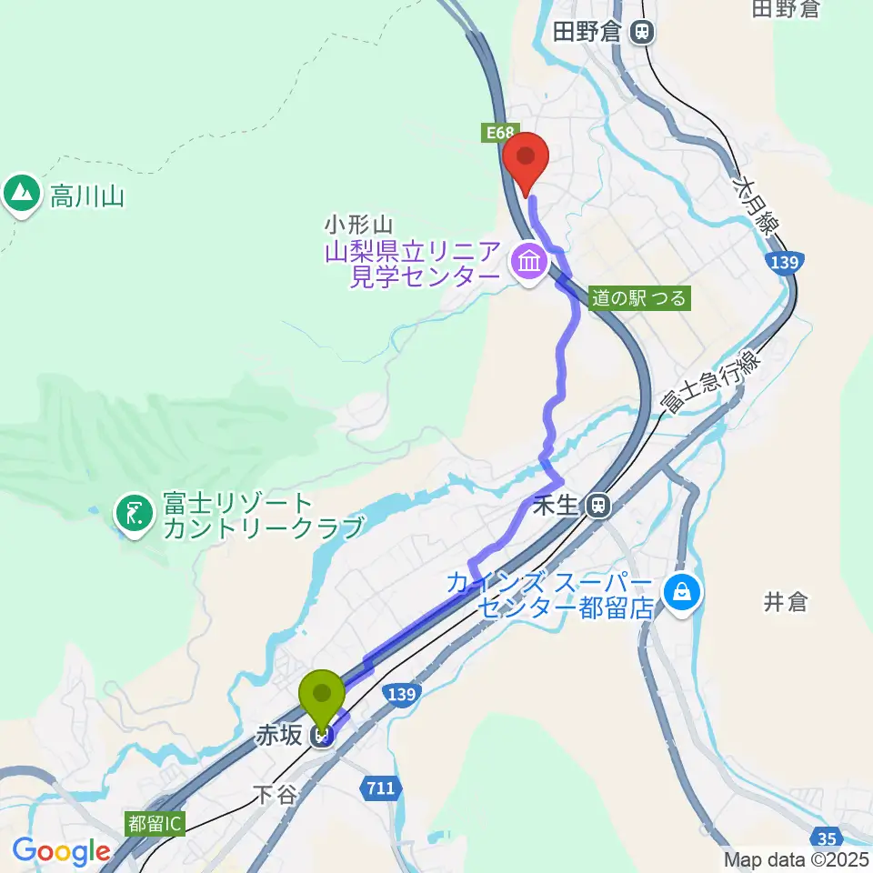 赤坂駅から尾県郷土資料館へのルートマップ地図