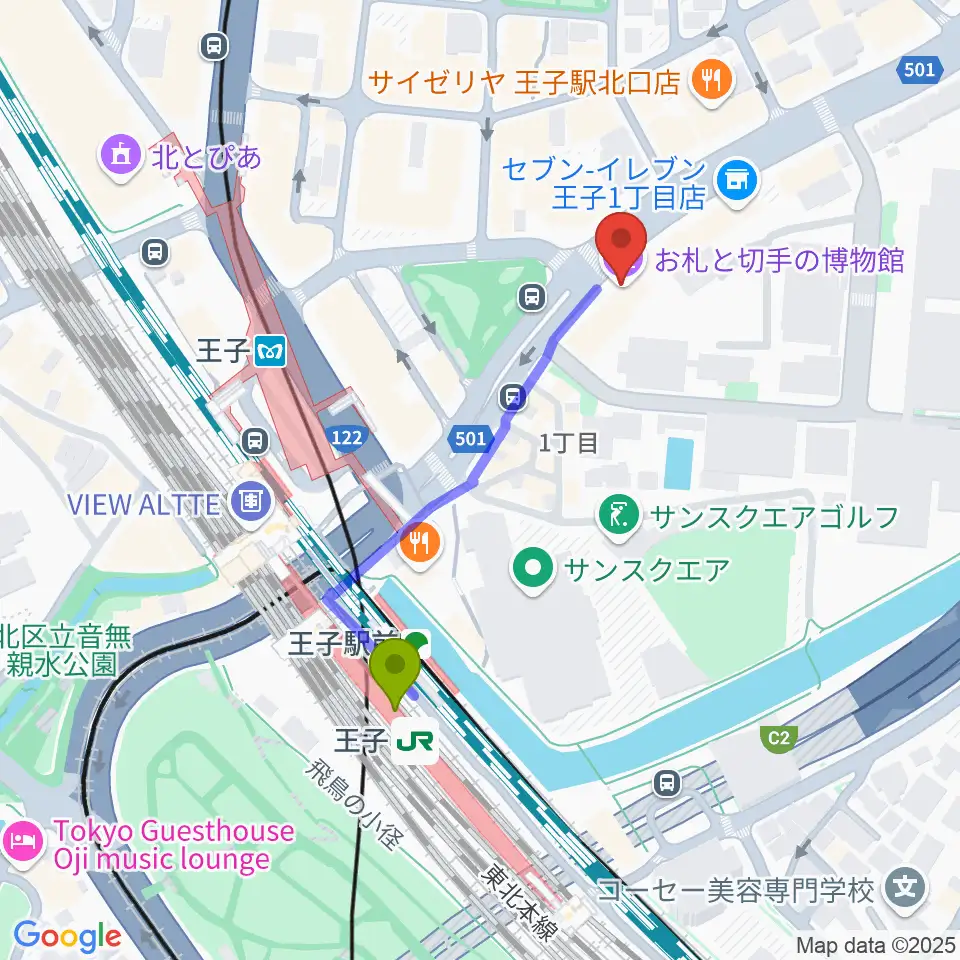 お札と切手の博物館の最寄駅王子駅からの徒歩ルート（約4分）地図