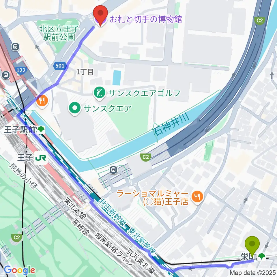 栄町駅からお札と切手の博物館へのルートマップ地図