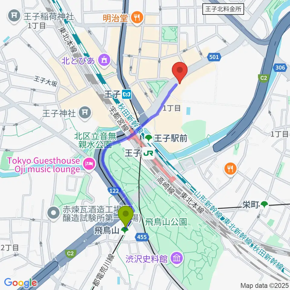 飛鳥山駅からお札と切手の博物館へのルートマップ地図