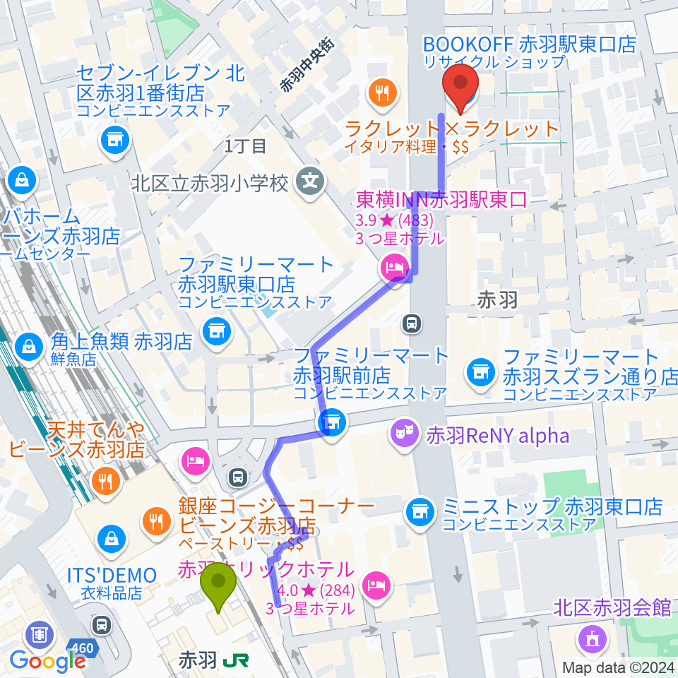 赤羽駅から赤羽サウンドスタジオフェイスへのルートマップ地図