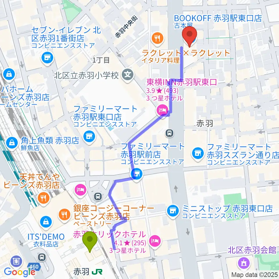 赤羽駅から赤羽サウンドスタジオフェイスへのルートマップ地図