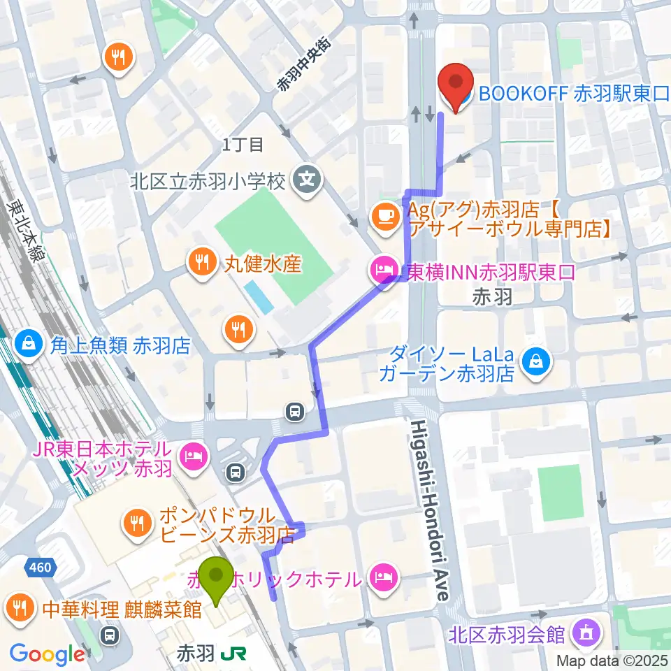 赤羽駅から赤羽サウンドスタジオフェイスへのルートマップ地図