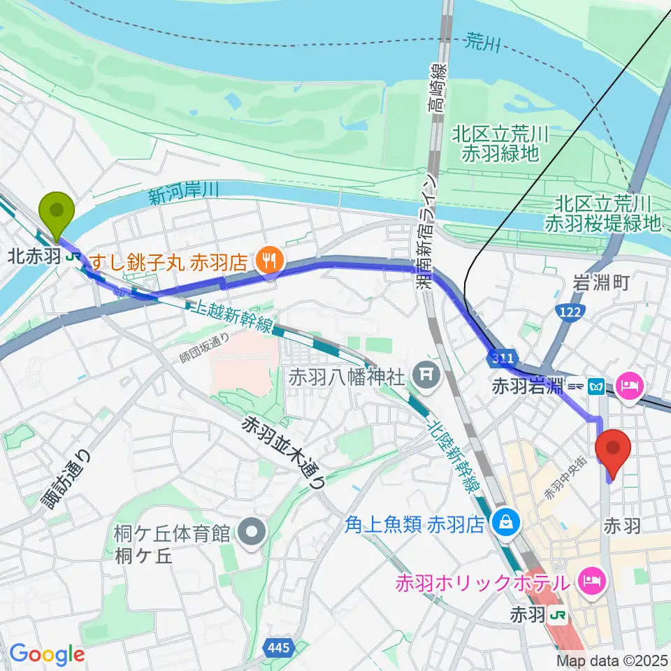 北赤羽駅から赤羽サウンドスタジオフェイスへのルートマップ地図