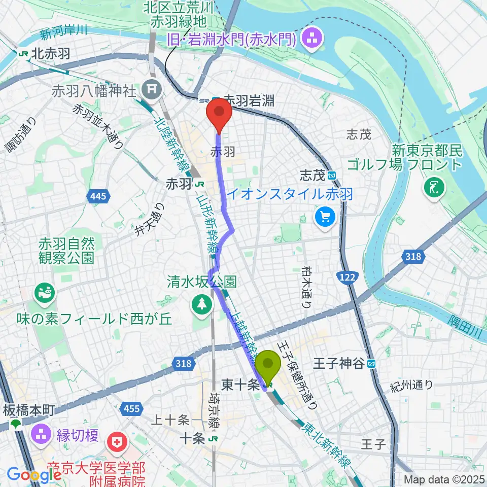 東十条駅から赤羽サウンドスタジオフェイスへのルートマップ地図