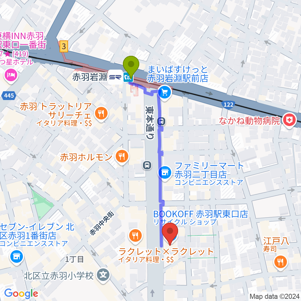 赤羽サウンドスタジオフェイスの最寄駅赤羽岩淵駅からの徒歩ルート（約4分）地図